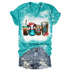 Blooms Brews Floral Babe Cow Coffee Drink Tie-Dye V-Neck T-Shirt